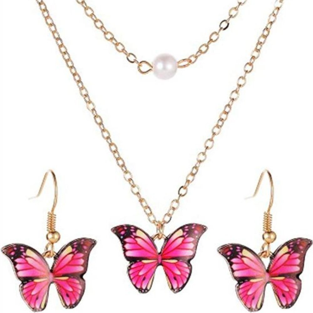Colorful Butterfly Pearl Necklace Earrings Jewelry Set
